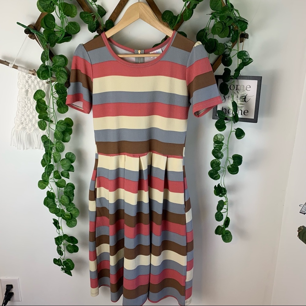 Lularoe Amelia Dress M Cream Pink Blue Brown Striped Fit and Flare Zip Back
